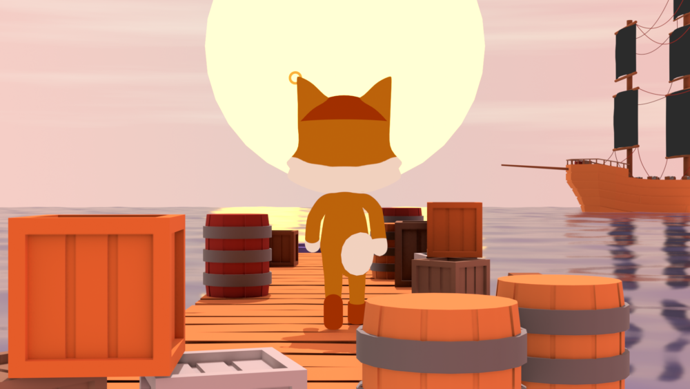 Ein Bild aus einem 3D-Animationsfilm. Eine anthropomorphe Füchsin läuft auf einem Steg Richtung Horizont.
