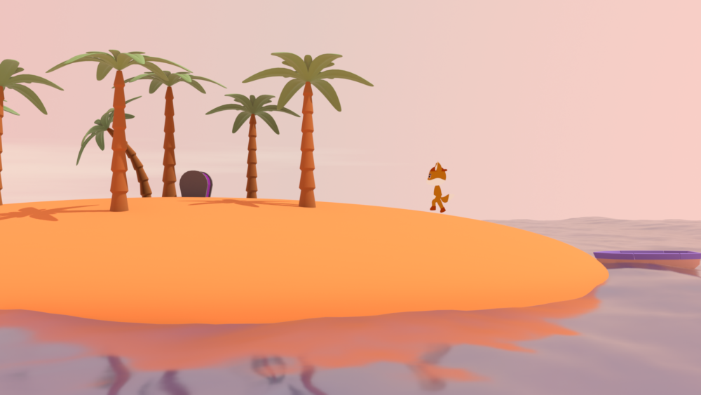 Ein Bild aus einem 3D-Animationsfilm, indem eine anthropomorphe Piratenfüchsin auf einer Insel einen Schatz entdeckt.
