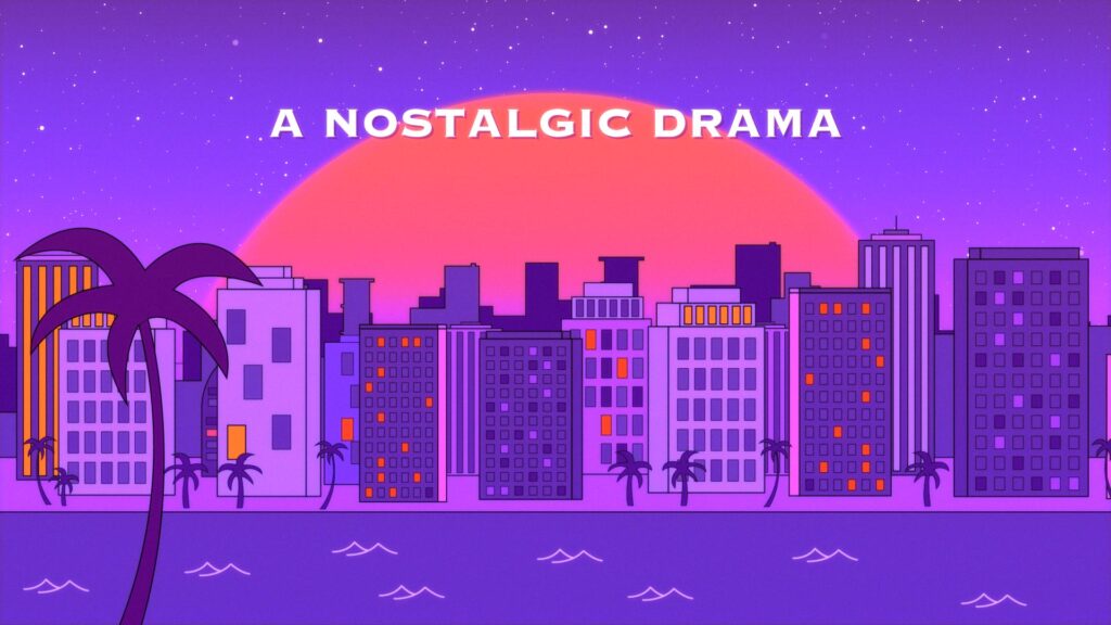 Eine Stadt mit Palmen am Wasser ist zu sehen bei Sonnenaufgang. Das Bild ist im Cartoon-Stil.