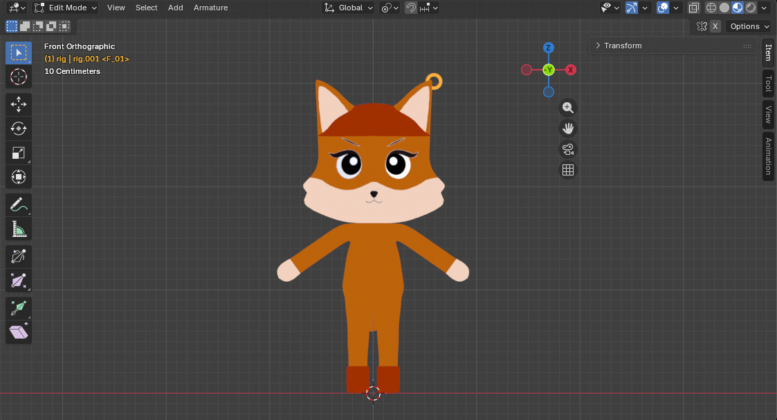 Das 3D-Charaktermodell eines anthropomorphen Fuchses ist in einem technischen User-Interface zu sehen.