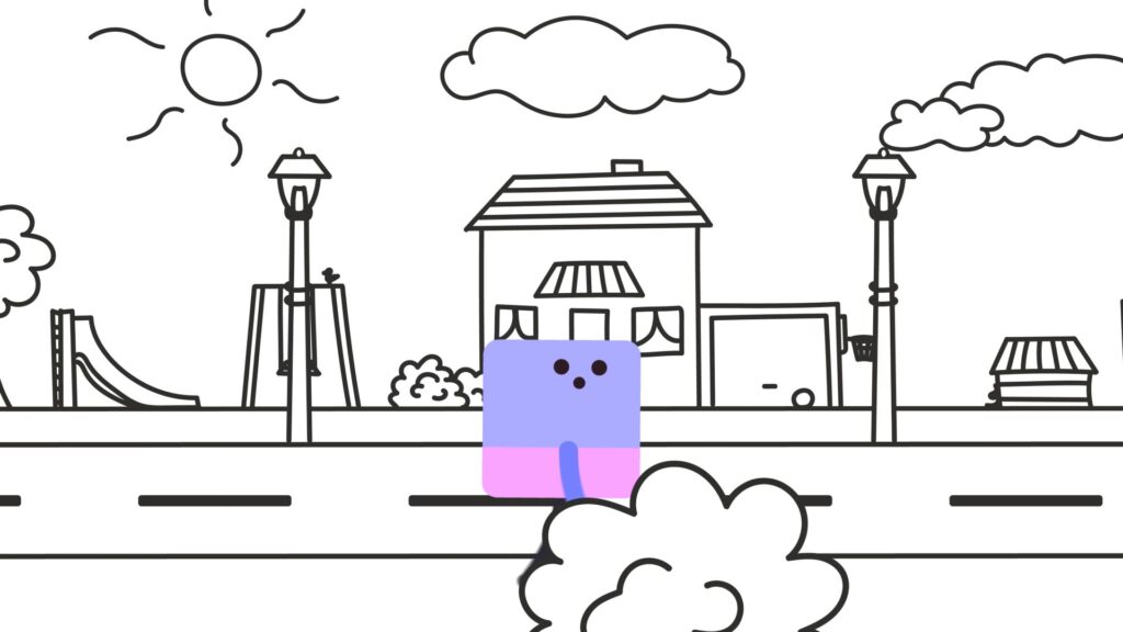 Ein viereckiger Charakter läuft von links nach rechts durch eine illustrierte Landschaft.