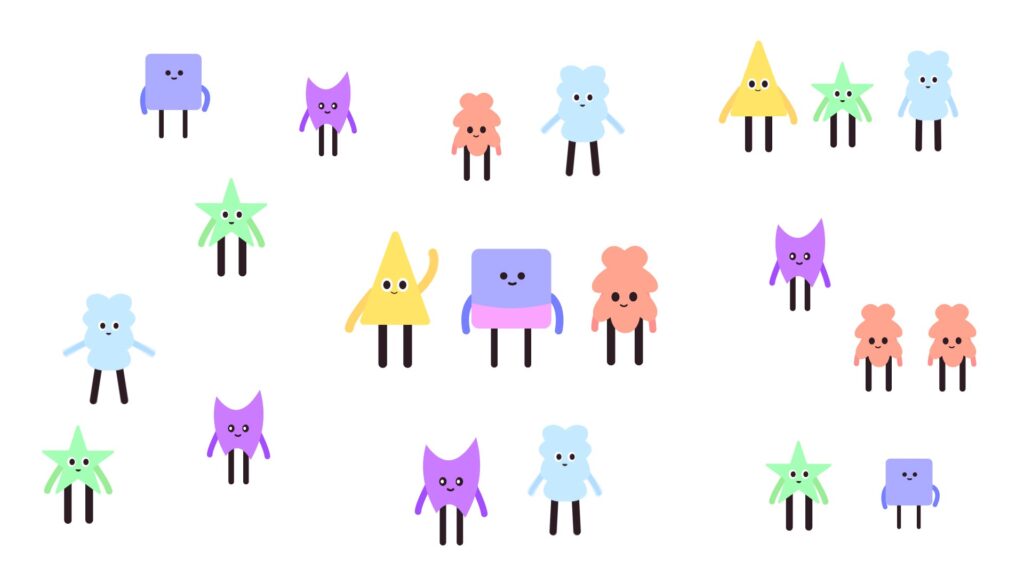 Viele illustrierte Charaktere, die alle aus simplen Formen bestehen, stehen vor einem weißen Hintergrund.