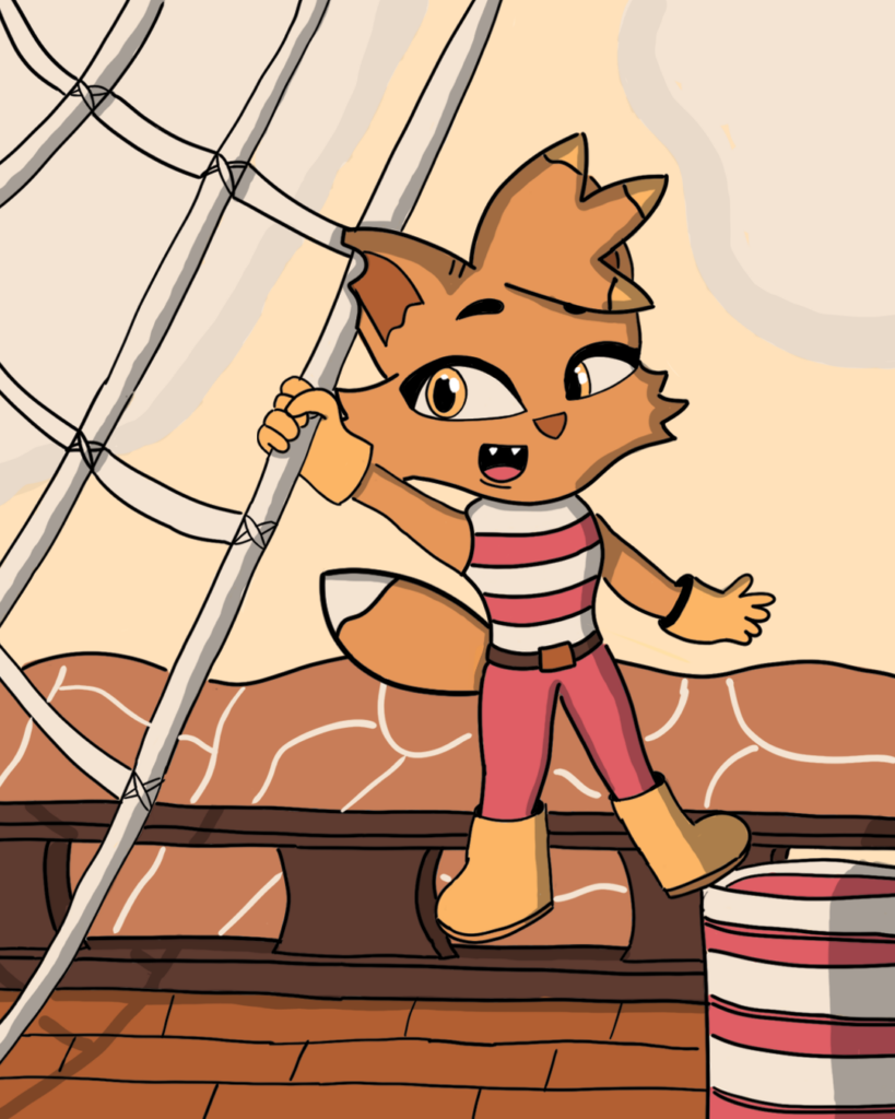 Ein illustriertes Bild, auf dem ein anthropomorpher Charakter zu sehen ist, der auf einem Schiff turnt.