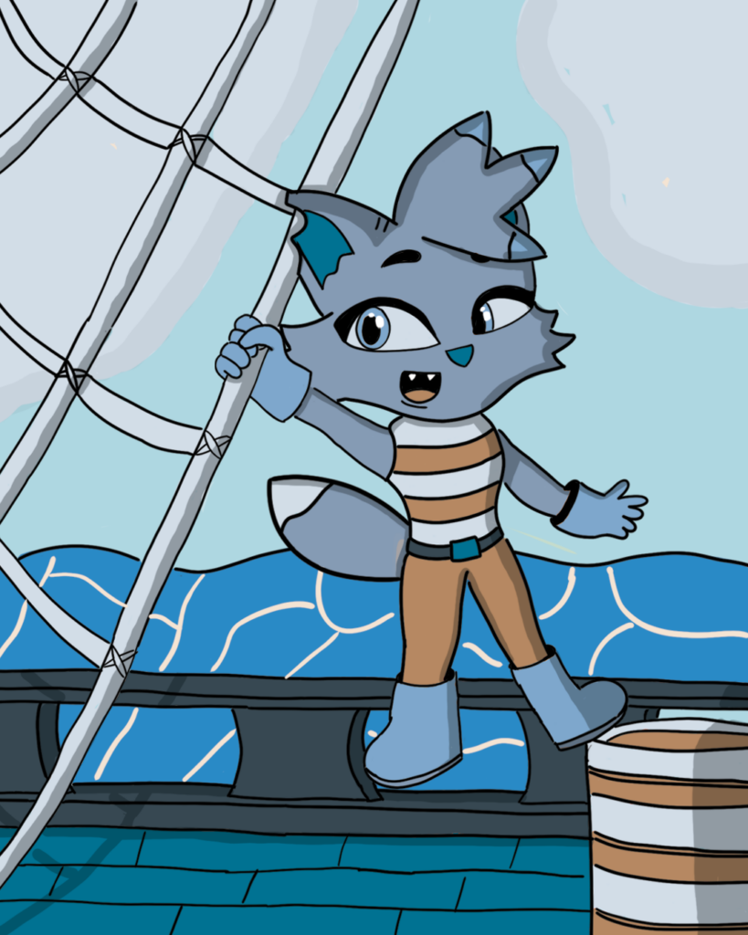 Ein illustriertes Bild, auf dem ein anthropomorpher Charakter zu sehen ist, der auf einem Schiff turnt.