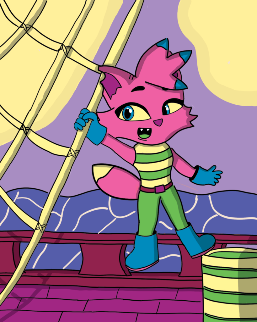 Ein illustriertes Bild, auf dem ein anthropomorpher Charakter zu sehen ist, der auf einem Schiff turnt.