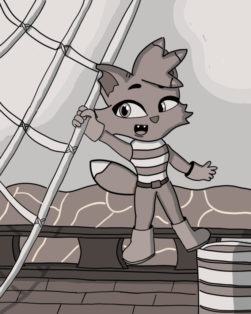 Ein illustriertes Bild, auf dem ein anthropomorpher Charakter zu sehen ist, der auf einem Schiff turnt.