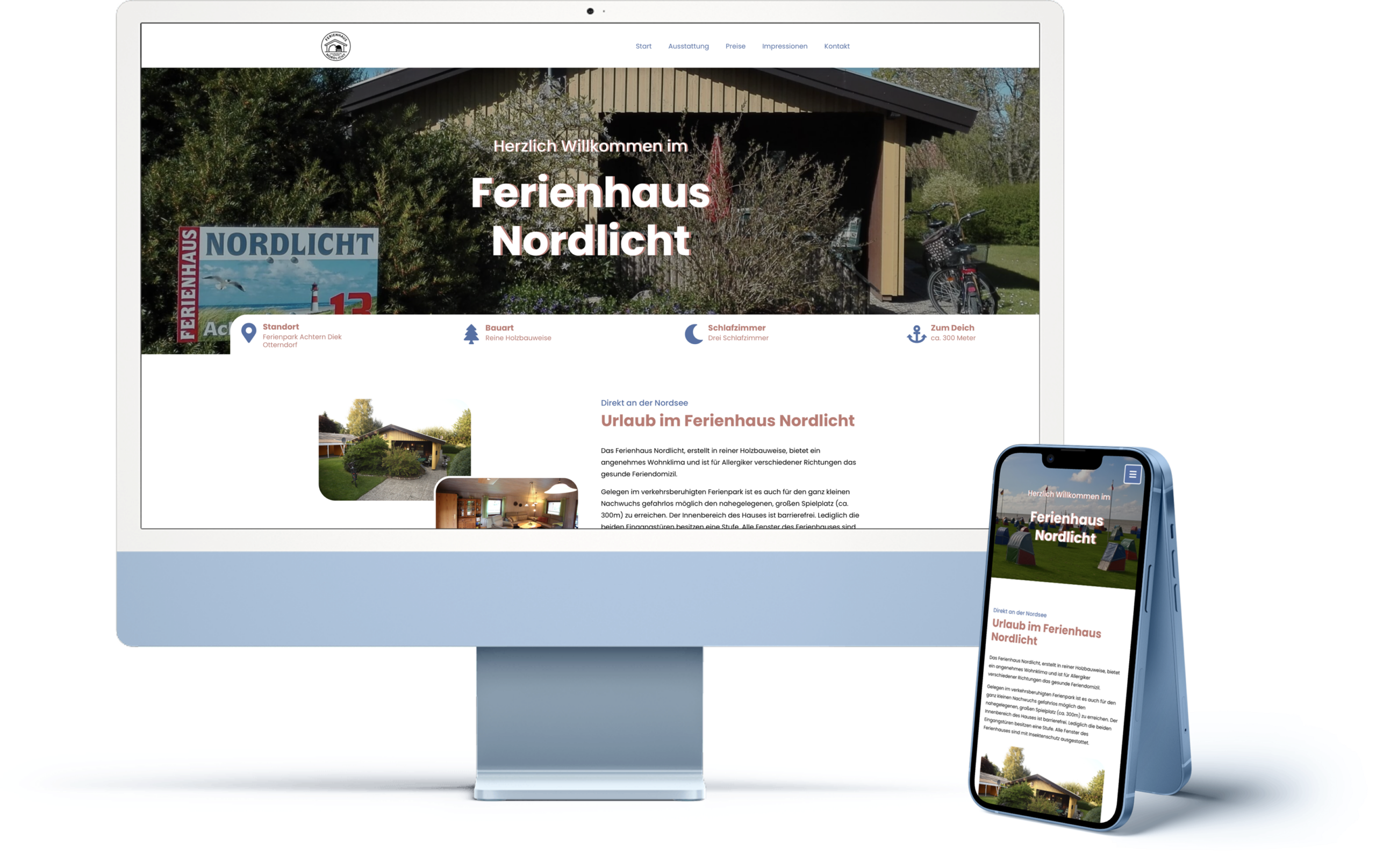 Ferienhaus Nordlicht Website Mockup auf einem großen Monitor und auf einem Handy