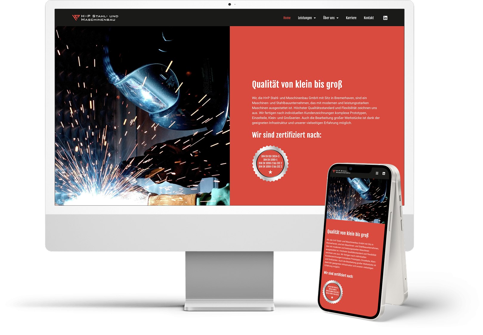 H+P Stahl- und Maschinenbau Website Mockup auf einem großen Monitor und auf einem Handy