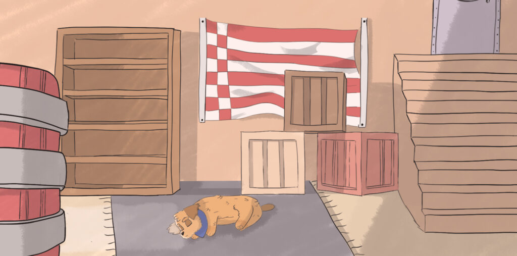 Ein Panel aus einem Comic, auf dem ein Hund in einem beleuchteten Raum auf einem Schiff schläft