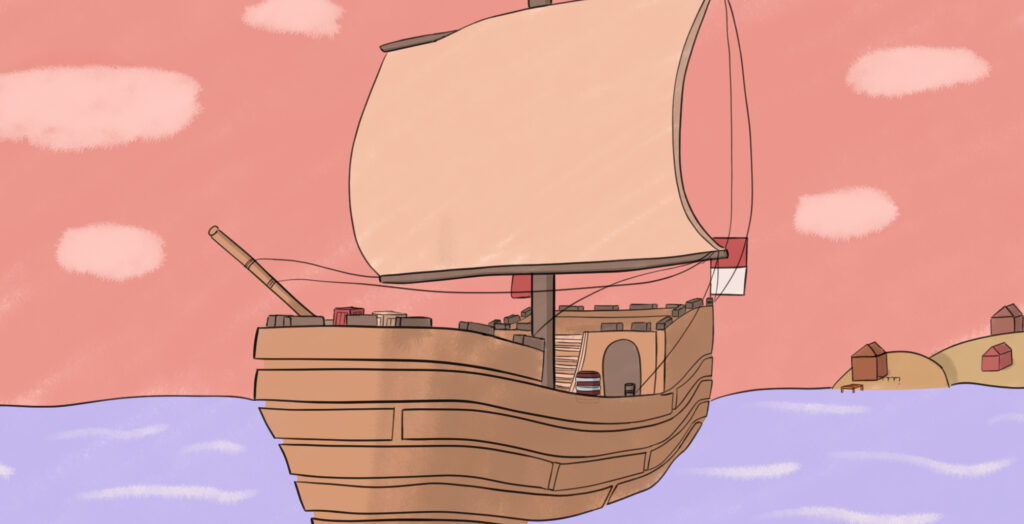 Ein Panel aus einem Comic, auf dem ein Schiff sich vom Festland entfernt